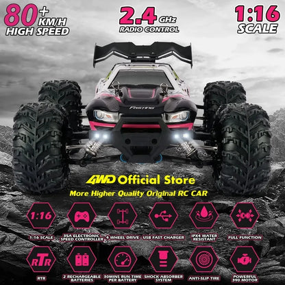 1:16 80km/h Brushless RC Drift Car With LED Lights 4WD Electric High Speed Racing Remote Control Monster Truck for Kids Adults.