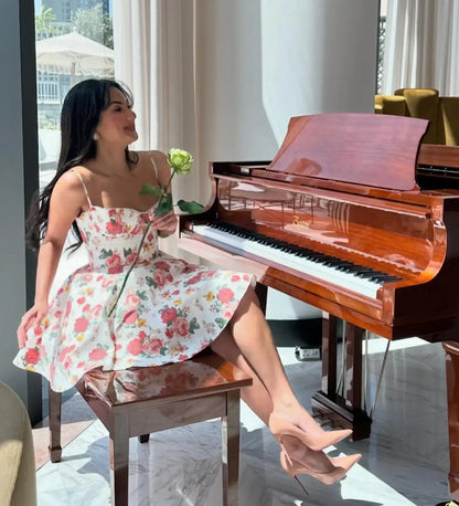 Mingmingxi Sommer A-Linie Flare-Kleid 2024, Blumendruck, Mini-Tüllrock, lässig, Urlaub, Party, Damenbekleidung