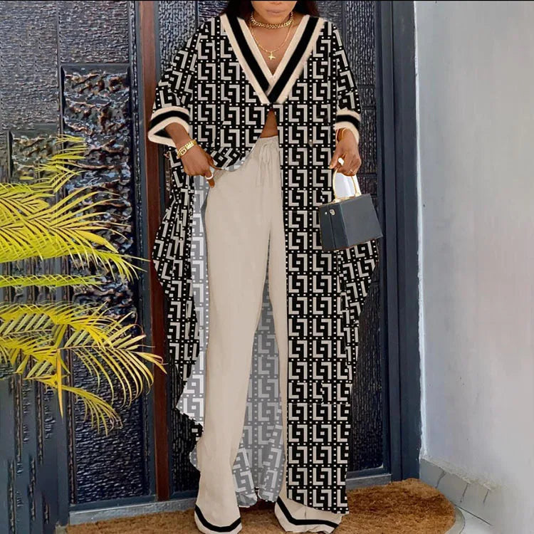 2023 Spring Summer New Women's V-neck Loose Long Sleeved Top Letter Printing Fashion Casual Open Front Women's Pants Set.