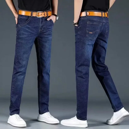 Summer Men's Stretch Jeans Straight-Leg Loose-Fit Business Casual Versatile Long Pants Lightweight Wear-Resistant.