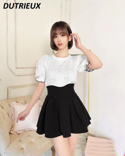 Japanese Lolita Black Skirts Women 2025 Spring Autumn New Radian Waistline Slim Short Pleated Skirt Female Mini Skirt Culottes.