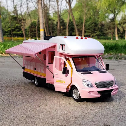 1:28 Diecast Luxury RV Recreational Vehicle Car Model Metal Camper Van Motorhome Touring Car Model Sound and Light Kids Toy Gift