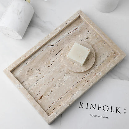 Minimalism Marble Tray for Perfume Candles Jewelry Travertine Stone Vanity Tray for Dresser Countertop Coffee Table Serving.