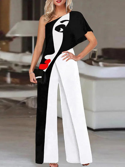 Colorful Ladies Face Print Slim Jumpsuits Summer Off Shoulder Diagonal Collar Sexy Rompers Women Loose Straight Wide Leg Pants.