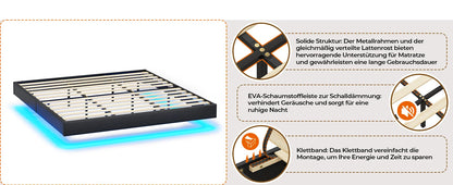 LED-beleuchtetes 180 x 200 cm großes Polsterbett mit Gestell, Gitterbettgestell, schwebender schwarzer Bettrahmen für Schlafzimmer