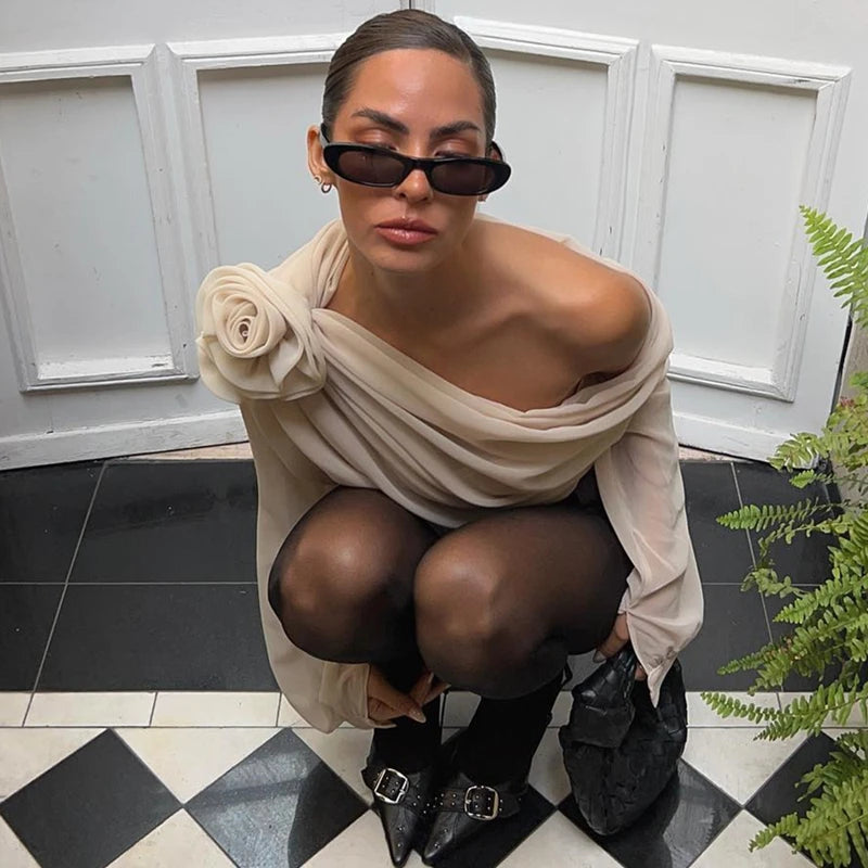 WhereMery Sexy Irregular Oblique-neck Flower Applique T Shirt Summer Off Shoulder Fashion Long Sleeve Crop Tops Street Mesh Tees.