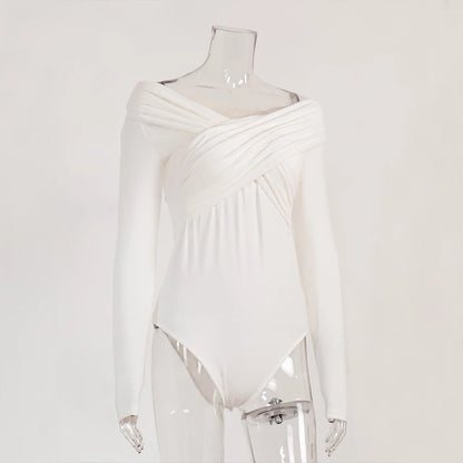 AVV Sexy Cross Pleated Off Shoulder Long Sleeve Skinny Bodysuit Ladies Hot Sexy 2024 One Piece Basic Autumn＆Spring Tops