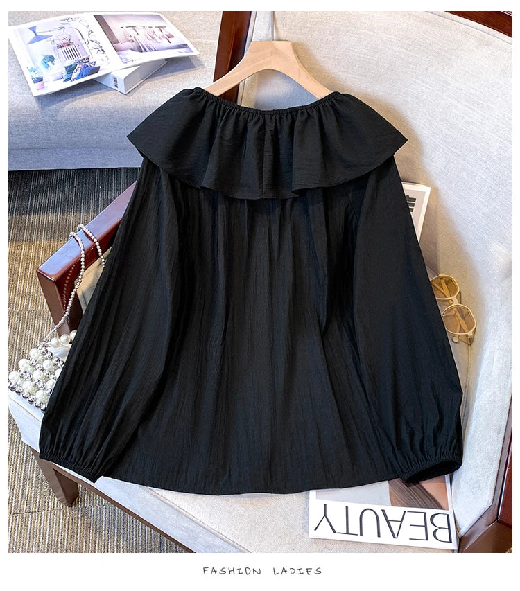 2025 French Large Size Long Sleeve O-neck Solid Color Loose Ruffle Shirt Ladies Spring Autumn Plus Size Blouses for Women