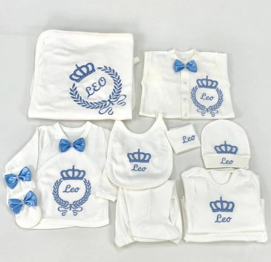 10-teiliges blaues 100 % Baumwollgewebe, gestrickt, Großhandel, individuell gestaltet, Neugeborene, neues Design, Winterkleidung, Kleidung, Luxus-Baby-Strampler-Set