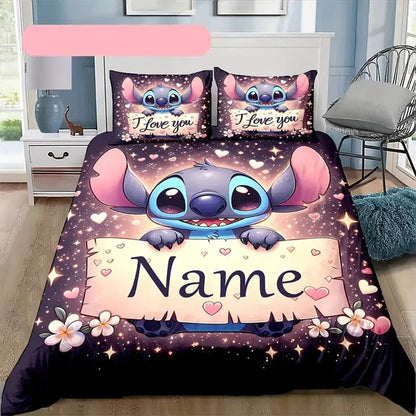 Customizable Stitch Anime Duvet Cover with 2 Pillowcases Cartoon Personalized Name Bedding Set for Women Children Teens.