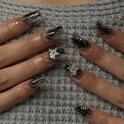 24Pcs Sweet Cool Spice Girl Press on Nails Black French Bow False Nails Y2k Star Glitter Diamond Nail Long Square Gel Fake Nails