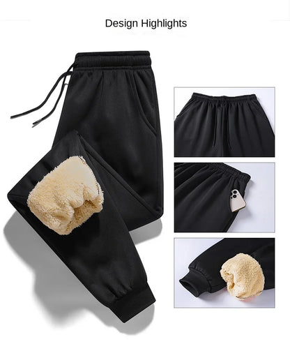 Pants for men in autumn and winter, thickened with fleece for outerwear, casual pants, warm lamb wool sports sweatpants.