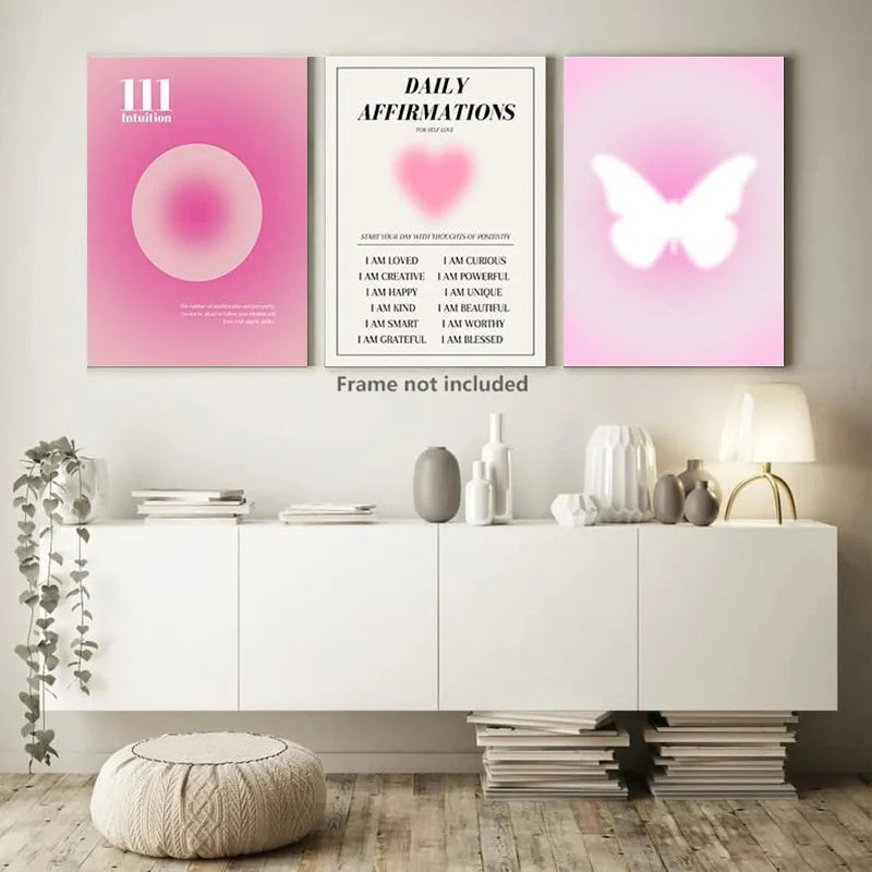 3pcs Nordic Pink Gradient Butterfly Canvas Wall Art Paintings Minimalistic Artwork Prints And Posters Pink Heart Pictures.