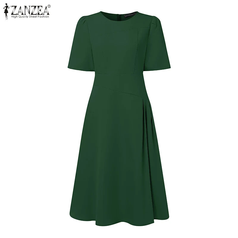 ZANZEA Elegante Büro Frauen Kleider Sommer Stilvolle Solide Party Arbeit Kleid Mode Kurzarm Plissee Vestidos Midi Sommerkleid