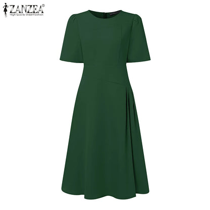 ZANZEA Elegante Büro Frauen Kleider Sommer Stilvolle Solide Party Arbeit Kleid Mode Kurzarm Plissee Vestidos Midi Sommerkleid