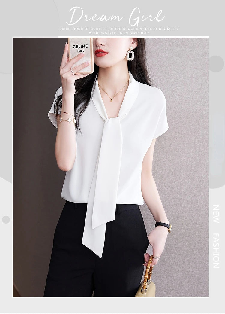 Bow Tie Blouse Shirt for Women OL Elegant Blouses Satin Womens Tops Silk Female Clothing 2023 Korean Fashion Short Sleeve Blouse.