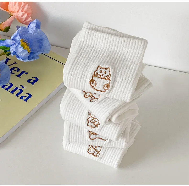5 Pairs of White Women's Embroidered Socks for All Seasons Cotton Socks Mid-high Tube Student Cartoon Sports Socks.