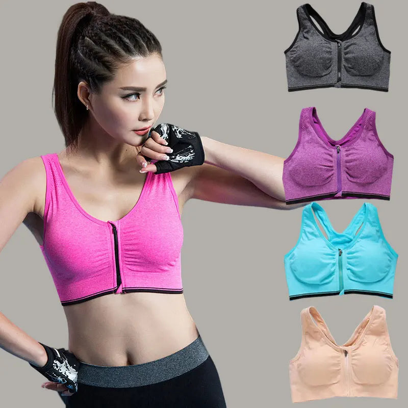 Front Zipper Sport Bra Gym top Breathable Brassiere Yoga Workout Running Vest Women's Underwear Shockproof Running Fitness Bra.