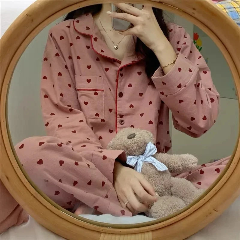 M-XXL Large Size Nightwear Women Sleepwear Autumn and Winter Cardigan Home Wear Peach Heart Long Sleeves School Silk Pajamas