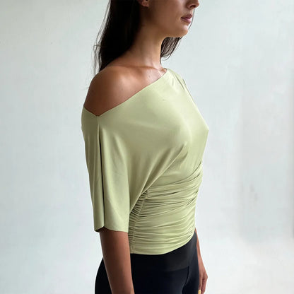 Cryptographic One Shoulder Ruched Asymmetrical Tops for Women Outfits Sexy Short Sleeve Casual Tops Slim T-shirts Summer Clothes
