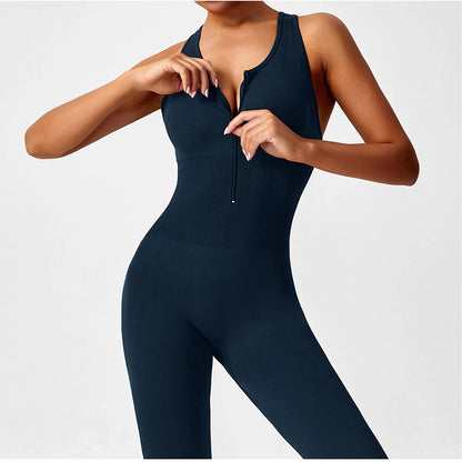 Ladies' Fashion Solid Color Round Neck Tight Yoga Jumpsuit Breathable Sleeveless Front Zipper Soft and Comfy Fitness Clothes.