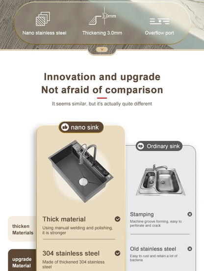 Wasserfall-Küchenspüle aus Edelstahl, multifunktional, groß, Einzelschlitz, Geschirrspülbecken, Küchenrenovierung