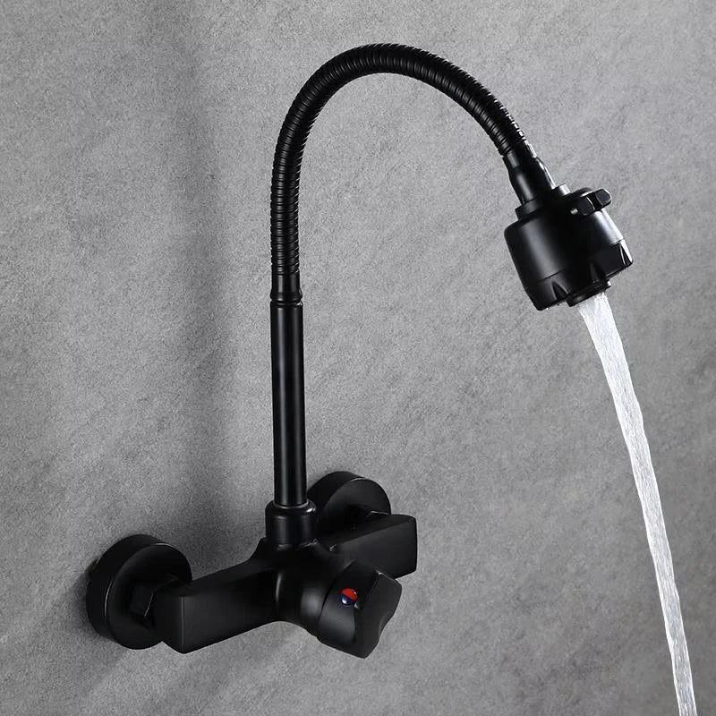 Chrome/black wall-mounted swivel, two-way spout, water stream sprayer, hot and cold water flexible hose kitchen mixer tap