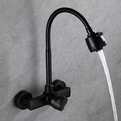 Chrome/black wall-mounted swivel, two-way spout, water stream sprayer, hot and cold water flexible hose kitchen mixer tap