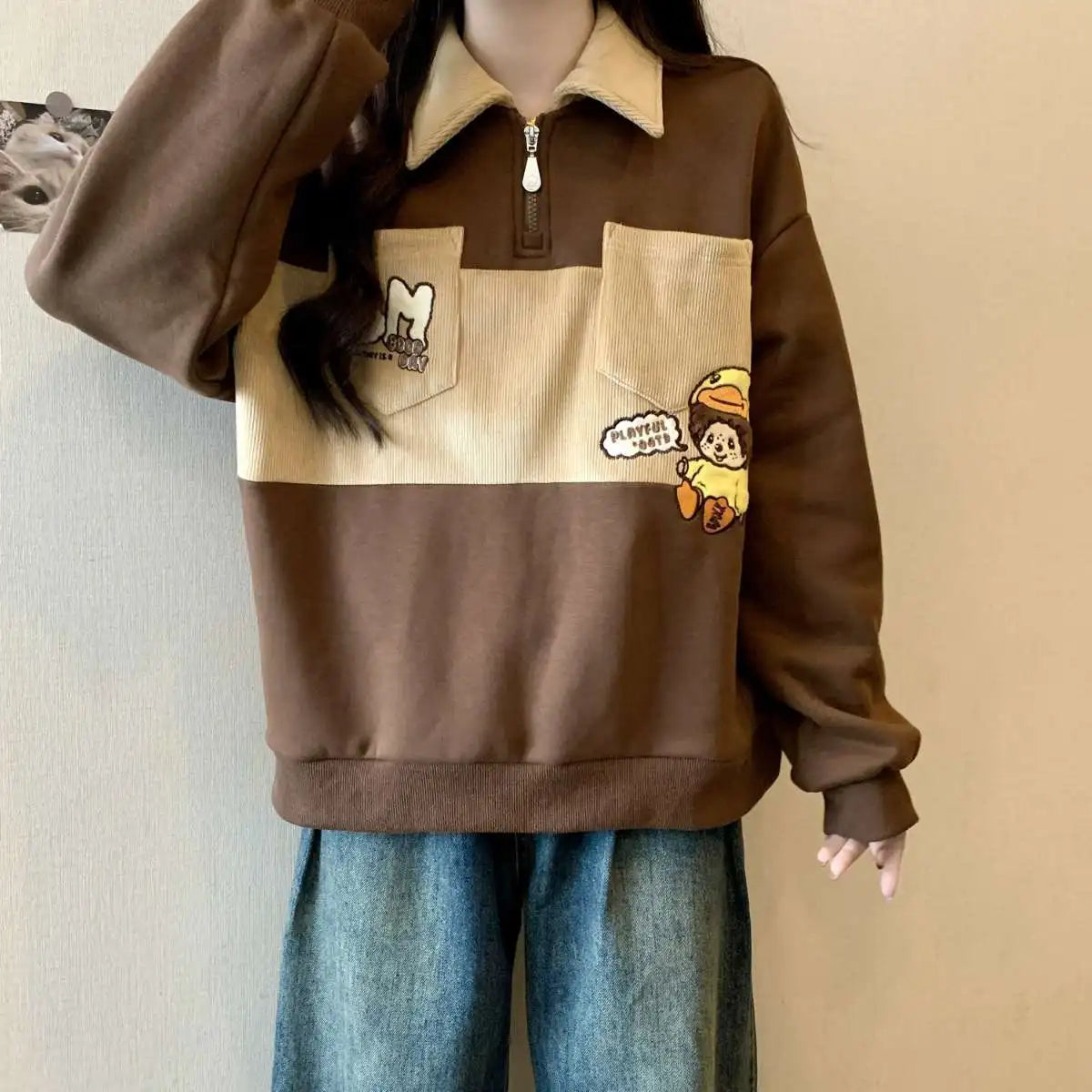 Oversized Autumn Winter Casual Printing Turn-down Collar Long Sleeve Sweatshirts Female Preppy Style Cartoon Loose T-Shirts Tops.