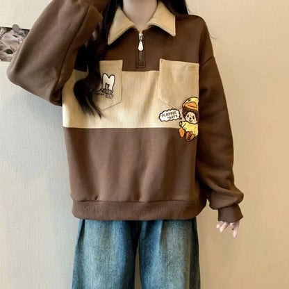 Oversized Autumn Winter Casual Printing Turn-down Collar Long Sleeve Sweatshirts Female Preppy Style Cartoon Loose T-Shirts Tops.
