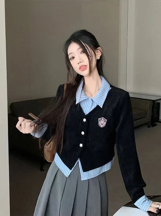 False 2 Piece set Patchwork Corduroy Shirt Women Vintage 2000s School Spring Autumn Outwear Top Long sleeve Button Shirts.