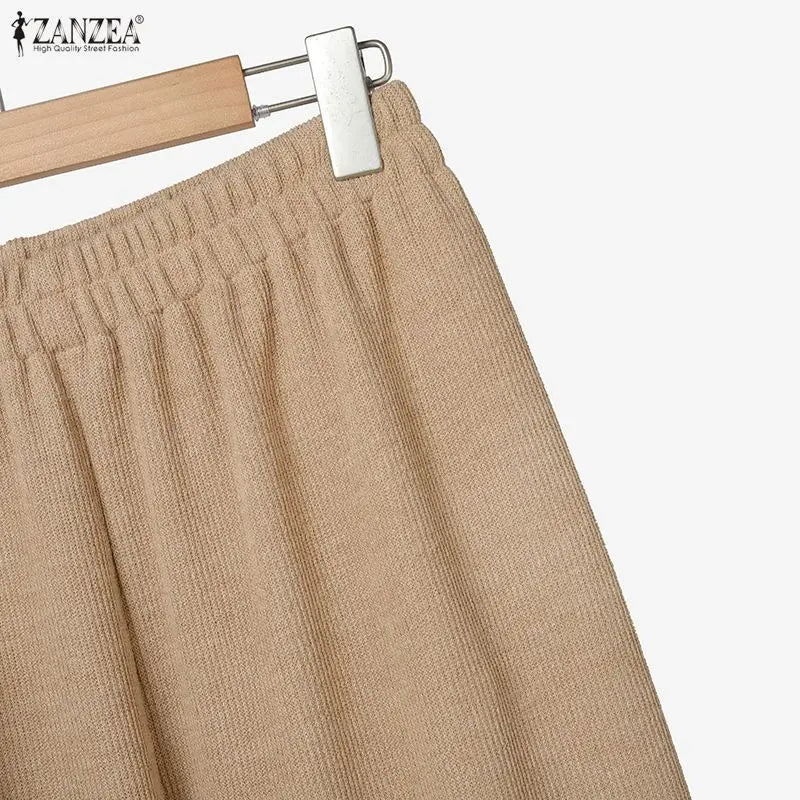 ZANZEA Gestrickte 2-teilige Hosen-Sets für Damen, lässig, lockerer Rollkragen, Langarm-Pullover und Hosenanzüge mit weitem Bein, tägliche Outfits