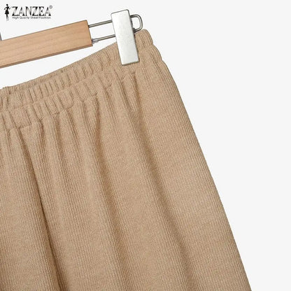 ZANZEA Gestrickte 2-teilige Hosen-Sets für Damen, lässig, lockerer Rollkragen, Langarm-Pullover und Hosenanzüge mit weitem Bein, tägliche Outfits