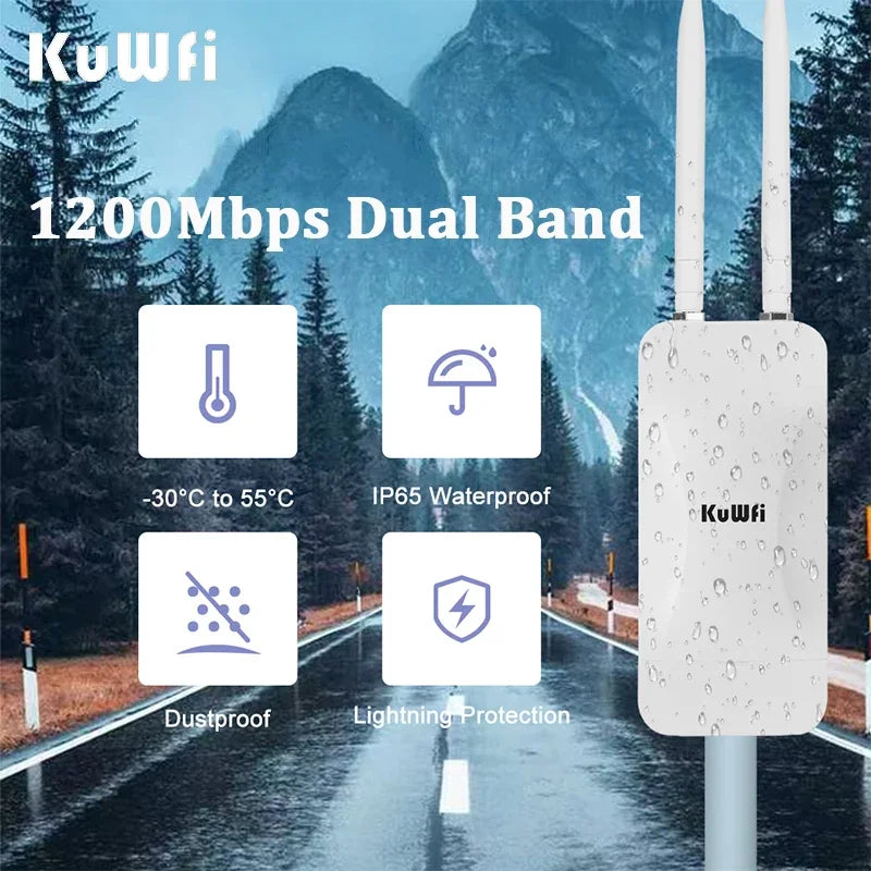 KuWFi 1200Mbps Outdoor Access Point Wireless WiFi Extender Dual Band 2.4G/5GHz AC1200 AP Router with High Gain External Antenna.