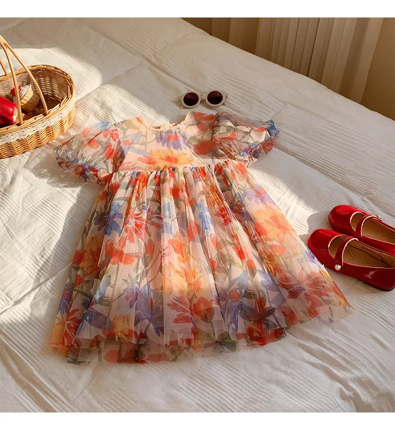 2023 sommer Kinder Kleidung Puff Sleeve Blumen Druck Kleid Für Mädchen Mesh Kinder Kleid für Mädchen.