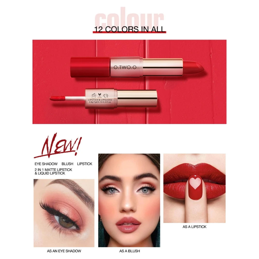 O.TWO.O 2 IN 1 Matte Lipstick&Liquid Lipstick 12 Colors Makeup Lip Glaze Waterproof Batom Lip Cosmetics Silky Texture.