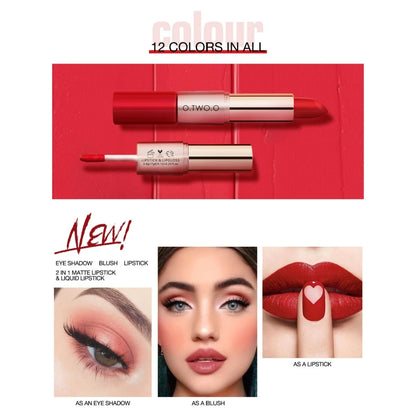 O.TWO.O 2 IN 1 Matte Lipstick&Liquid Lipstick 12 Colors Makeup Lip Glaze Waterproof Batom Lip Cosmetics Silky Texture.