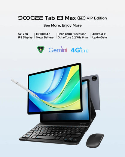 Doogee Tab E3 Max 2 in 1 Tablet Pc 14" 2.1K Display Android 15 32Gb (8+24) 256Gb 13500Mah Battery Qual Speaker Helio G100 Tablet.