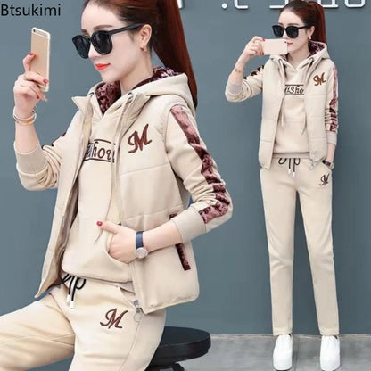 Winter 3 Pcs/Set Women Waistcoat Top Pants Set Letter Embroidery Ladies Winter Tracksuit Color Block Three-piece Sweatpants Set.