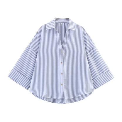 MUJER Women's Shirts Striped Oversize Shirts for Women Wide Sleeve Casual Shirts and Blouses Woman White Summer Loose Tops Woman.