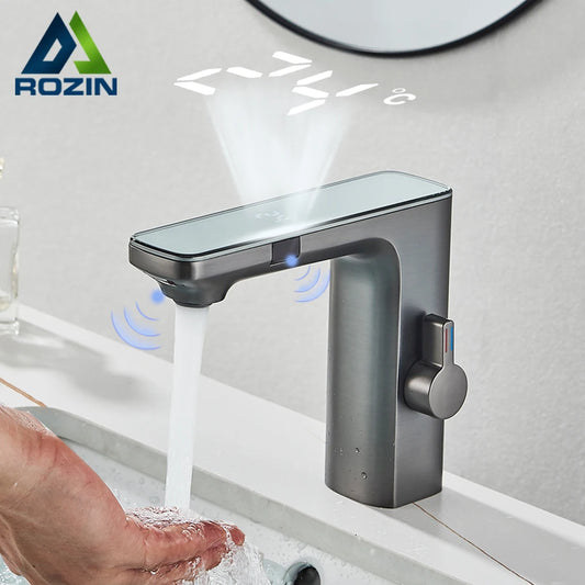 rozin Touchless Sensor Basin Faucet Smart Digital Display Bathroom Sink Faucets Grey Brass Sense Hot Cold Water Mixer Tap Crane
