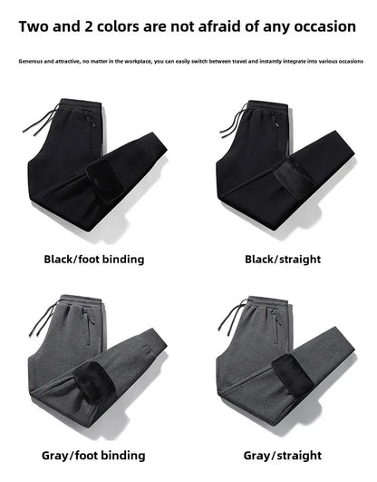 Herbst/Winter Fleece-gefütterte Herren-Hose mit Reißverschluss, warmes Fuß, Freizeithose, Übergröße, lockere Passform, gerade Bein-Jogginghose, trendig.