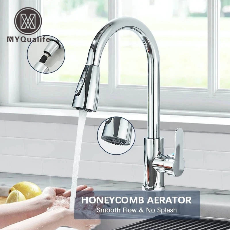 Pull Out Kitchen Faucet 360 Rotate Shower/Stream Sprayer Head Mixer Hot and Cold Water Tap Deck Mounted