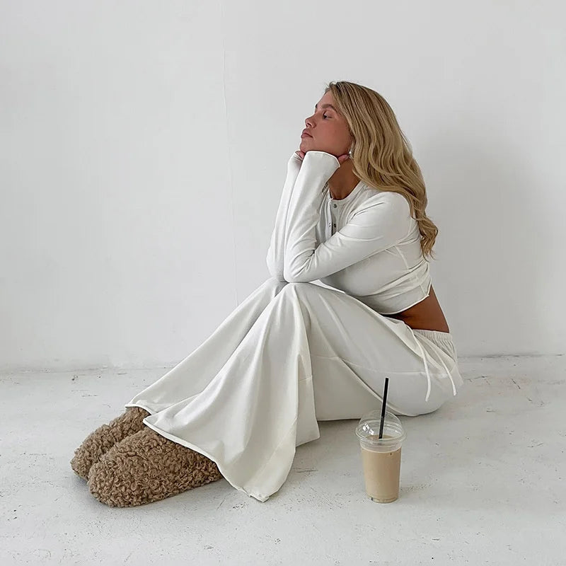 Blifanbo Casual Long Sleeve Crop Top Loose Long Pants 2 Pieces Set Women Autumn Slim Fashion Top And Long Pant Set Streetwear.