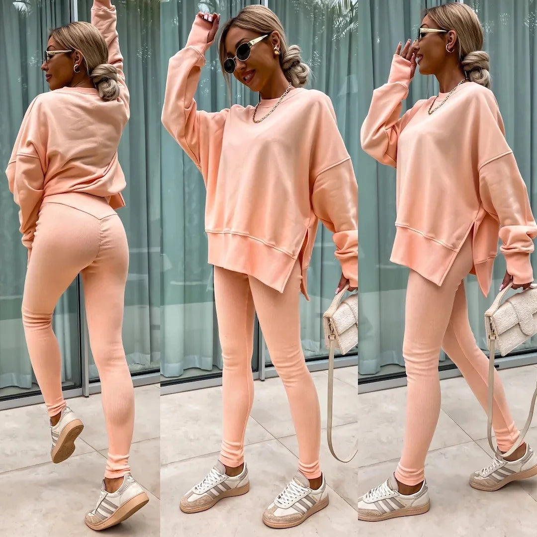 Women Pant Sets Two Pieces Tracksuit Solid Loose Sweatshirts Split Pullover Pencil Pants High Street Autumn Winter 2024.