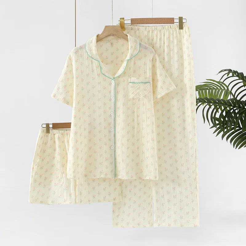 Pajamas pure cotton three-piece set spring and summer thin crepe autumn gauze lapel short-sleeved trousers shorts loungewear set
