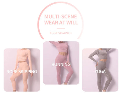 Women Yoga 2 Pieces Workout Outfits Seamless High Waist Leggings Sports Crop Top Running Clothes Sets.