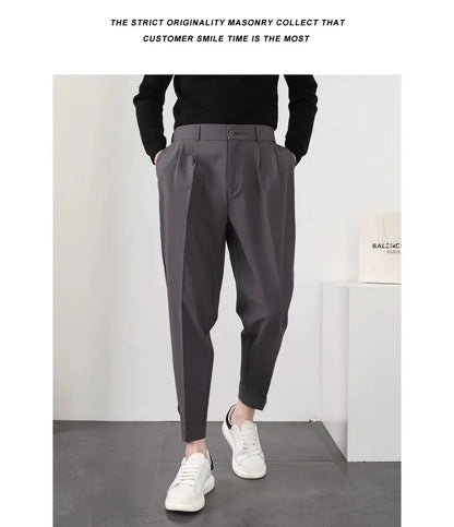 Fashion Men Casual Pants Elastic Waist Small Feet Slim Korean Style Pleated Tapered Male Blazer Pants Trousers Streetwear.
