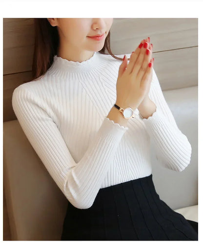 Frauen Mock Neck Rüschen Pullover Langarm Gestrickte Bodenbildung Solide Pullover Frauen Casual Streifen Pullover Herbst Winter 2023