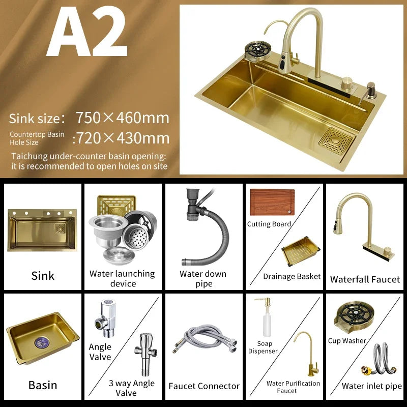 Waterfall Kitchen Sink Gold 304 Stainless Steel Modern Multifuctional Large Sink  Above Counter Apron Front Installation